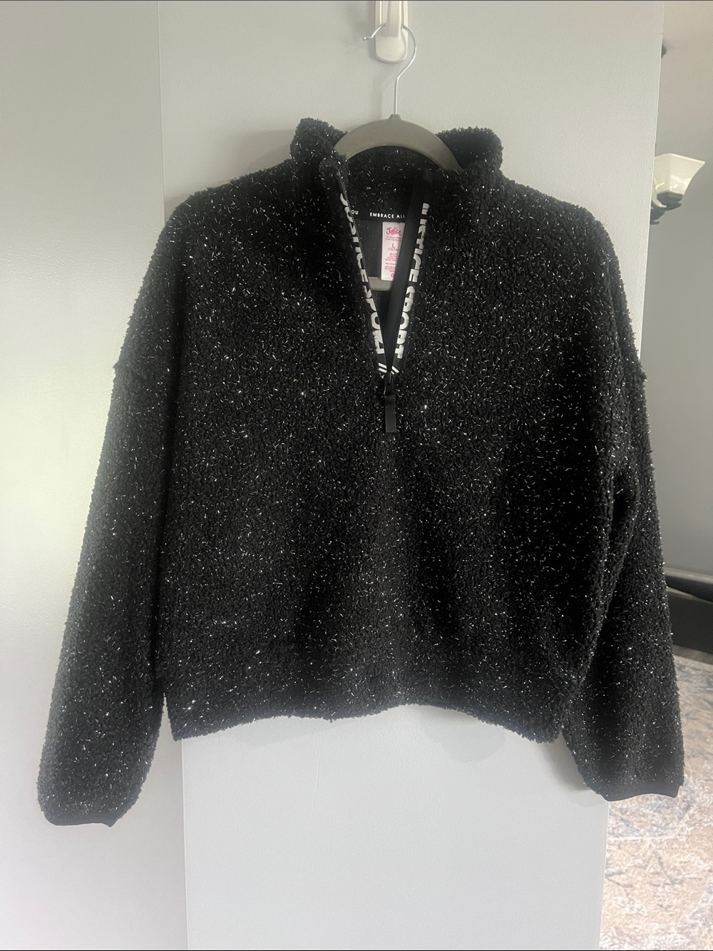 Justice Black Sparkle Teddy Half-Zip Jacket